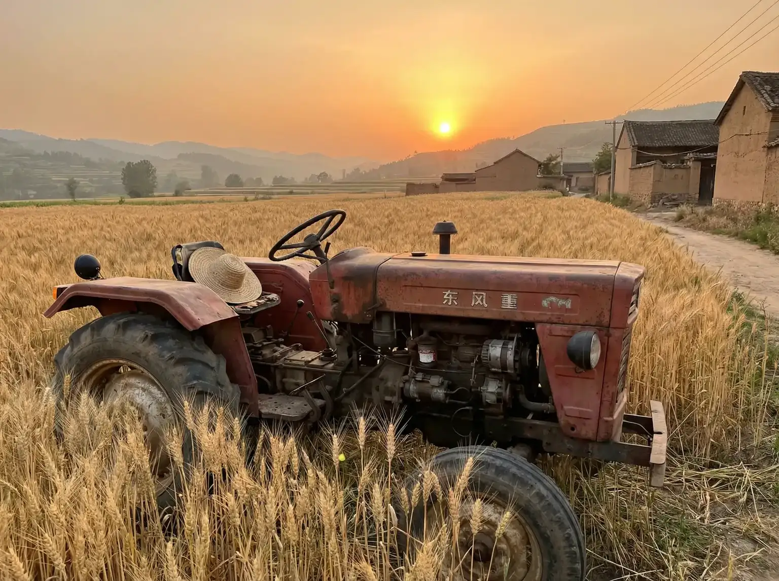 夕阳下的老式拖拉机停在麦田边 - 大团圆结局公交车免费 田间记忆